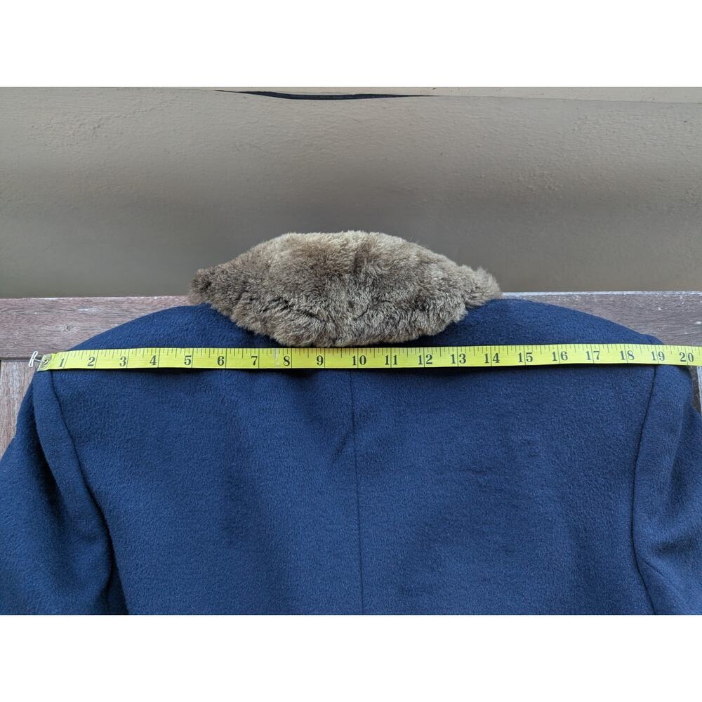 💜Perry Ellis 1980s Navy Wool Maxi Coat Faux Fur Collar - Picture 11 of 15